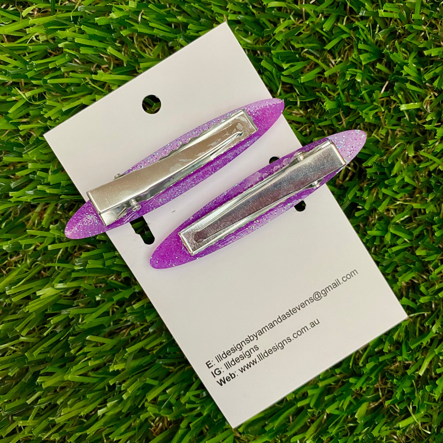 Handmade Resin Hair Clip - Glitter Purple Hair Clip Pair Featuring Pink Polka Dots and a Rounded Edge!