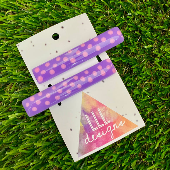 Handmade Resin Hair Clip - Purple Hair Clip Pair Featuring Pink Polka Dots and a Squared Edge!