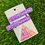 Handmade Resin Hair Clip - Purple Hair Clip Pair Featuring Pink Polka Dots and a Squared Edge!
