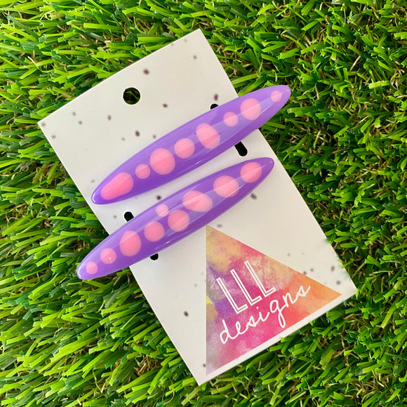 Handmade Resin Hair Clip - Purple Hair Clip Pair Featuring Pink Polka Dots and a Rounded Edge!