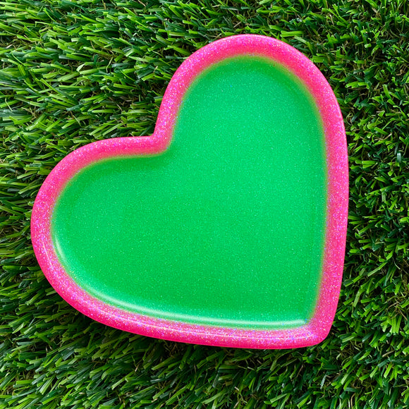 Resin Heart Tray - Two Tone Glitter Neon Green Featuring a Glitter Neon Pink Border! Brighten Up Your Life with this Bold and Fun Piece!