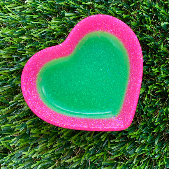 Resin Heart Dish - Two Tone Glitter Neon Green Featuring a Glitter Neon Pink Border! Brighten Up Your Life with this Bold and Fun Piece!