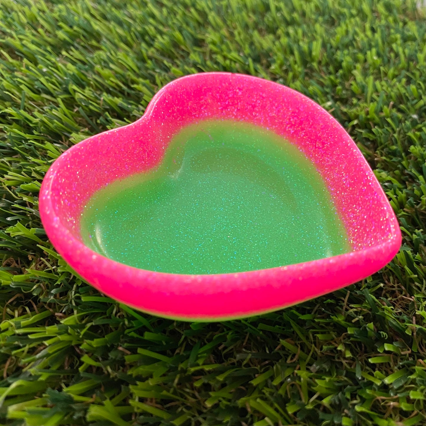 Resin Heart Dish - Two Tone Glitter Neon Green Featuring a Glitter Neon Pink Border! Brighten Up Your Life with this Bold and Fun Piece!