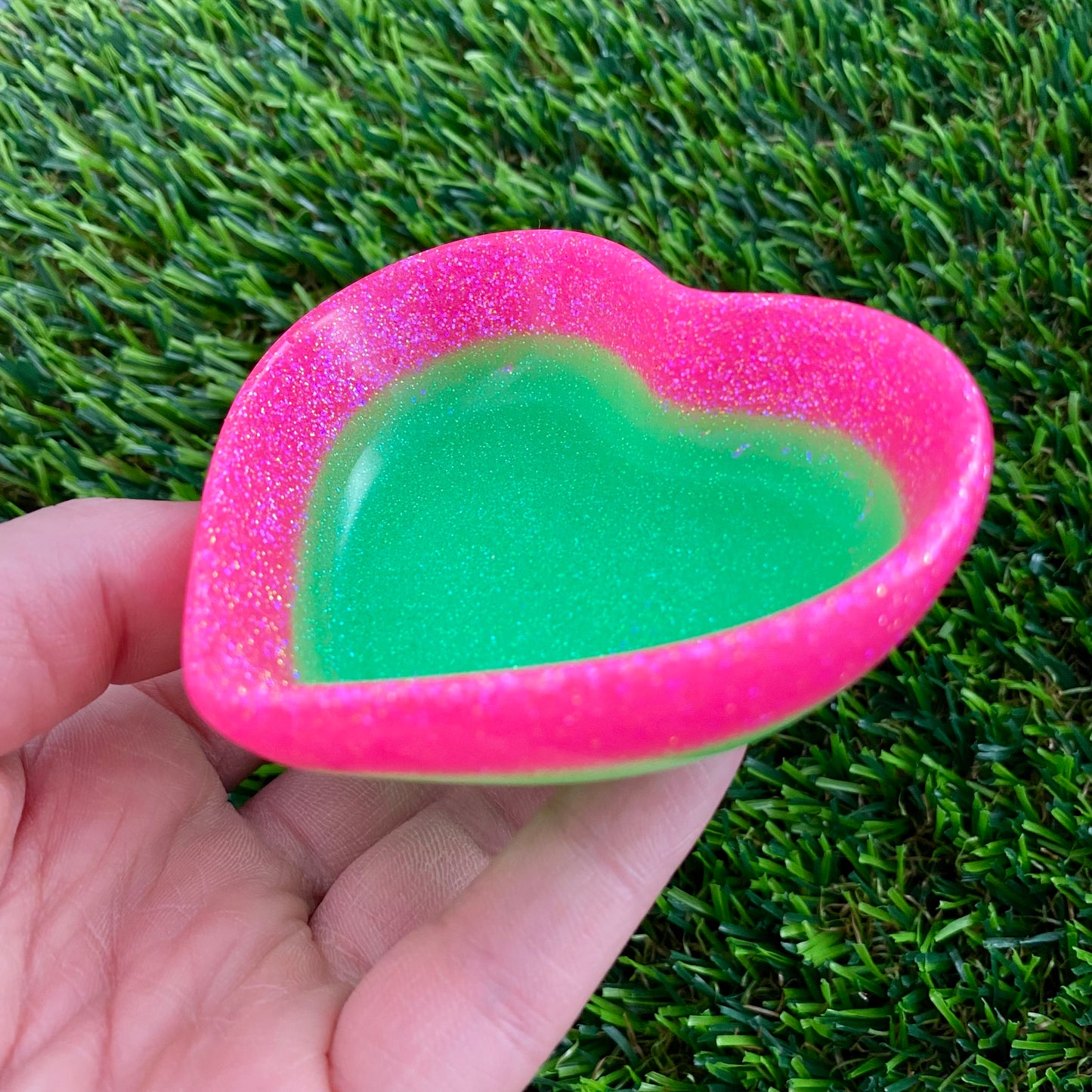 Resin Heart Dish - Two Tone Glitter Neon Green Featuring a Glitter Neon Pink Border! Brighten Up Your Life with this Bold and Fun Piece!
