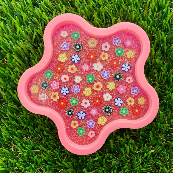 Resin Wiggle Tray - Two Tone Glitter Pink and Pastel Pink Border Featuring Hand Placed Flowers!