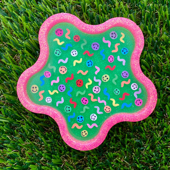 Resin Wiggle Tray - Two Tone Glitter Neon Green and Glitter Neon Pink Border Featuring Hand Placed Smiley Faces!