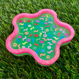 Resin Wiggle Tray - Two Tone Glitter Neon Green and Glitter Neon Pink Border Featuring Hand Placed Smiley Faces!