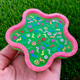 Resin Wiggle Tray - Two Tone Glitter Neon Green and Glitter Neon Pink Border Featuring Hand Placed Smiley Faces!