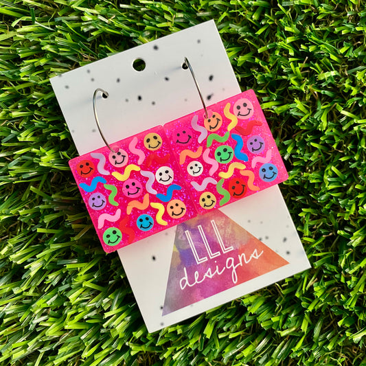 ON SALE!!! Resin Earrings - Glitter Neon Pink Square Hoops Featuring Hand Placed Rainbow Smiley Faces and Squiggles!