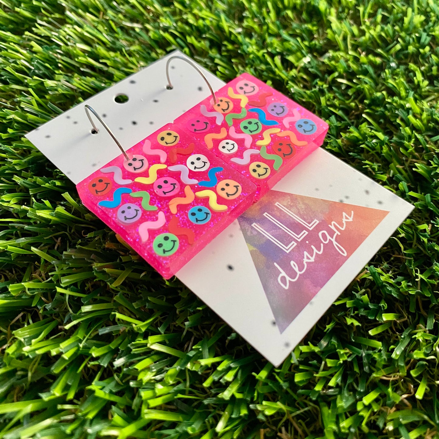 ON SALE!!! Resin Earrings - Glitter Neon Pink Square Hoops Featuring Hand Placed Rainbow Smiley Faces and Squiggles!