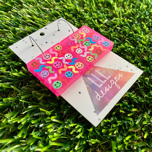 ON SALE!!! Resin Earrings - Glitter Neon Pink Square Hoops Featuring Hand Placed Rainbow Smiley Faces and Squiggles!