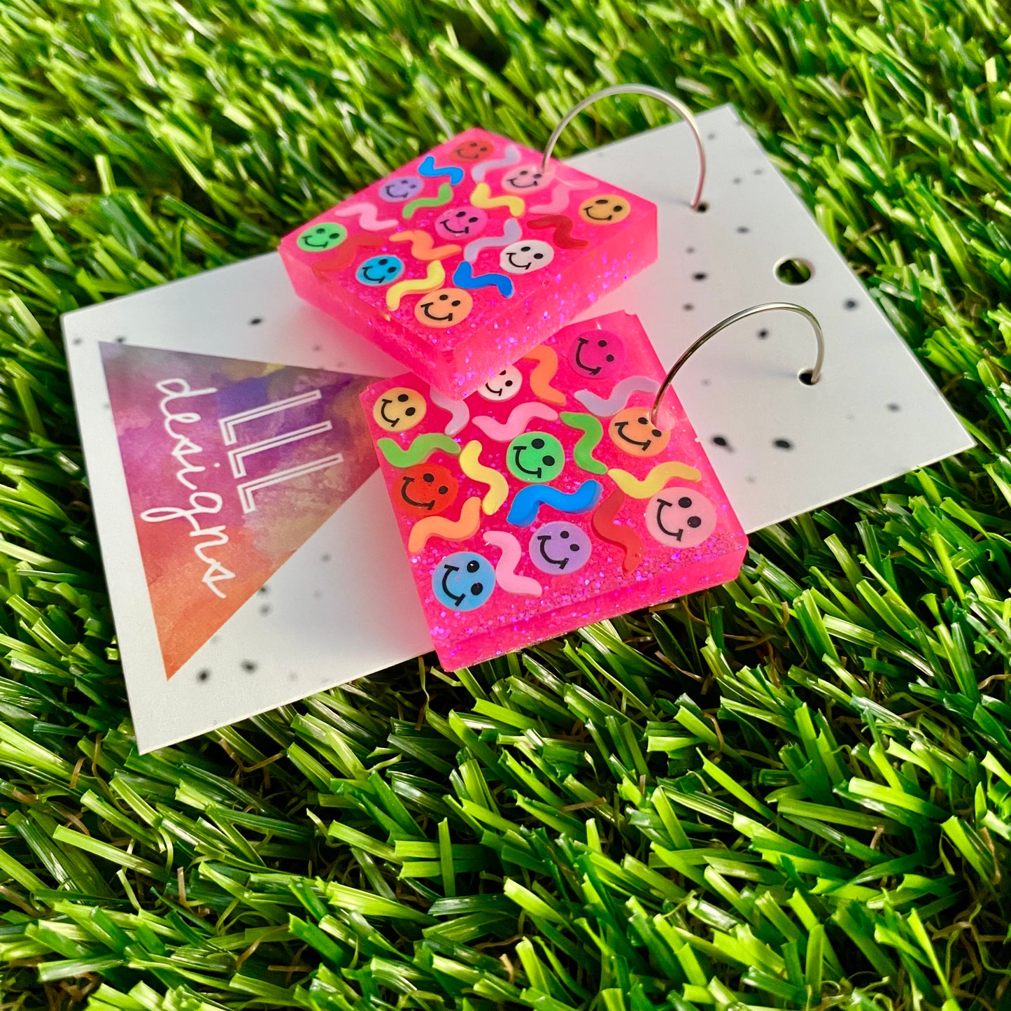 ON SALE!!! Resin Earrings - Glitter Neon Pink Square Hoops Featuring Hand Placed Rainbow Smiley Faces and Squiggles!