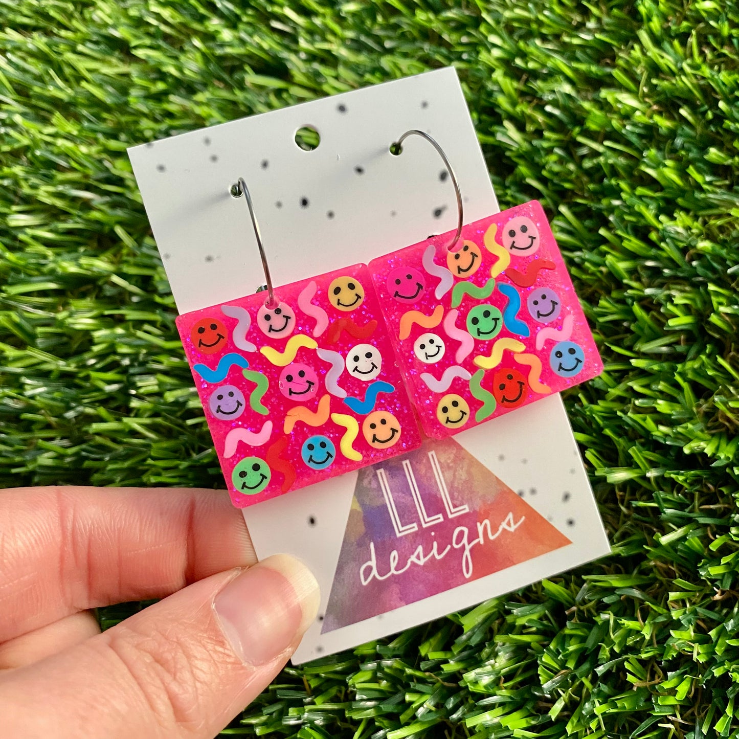 ON SALE!!! Resin Earrings - Glitter Neon Pink Square Hoops Featuring Hand Placed Rainbow Smiley Faces and Squiggles!