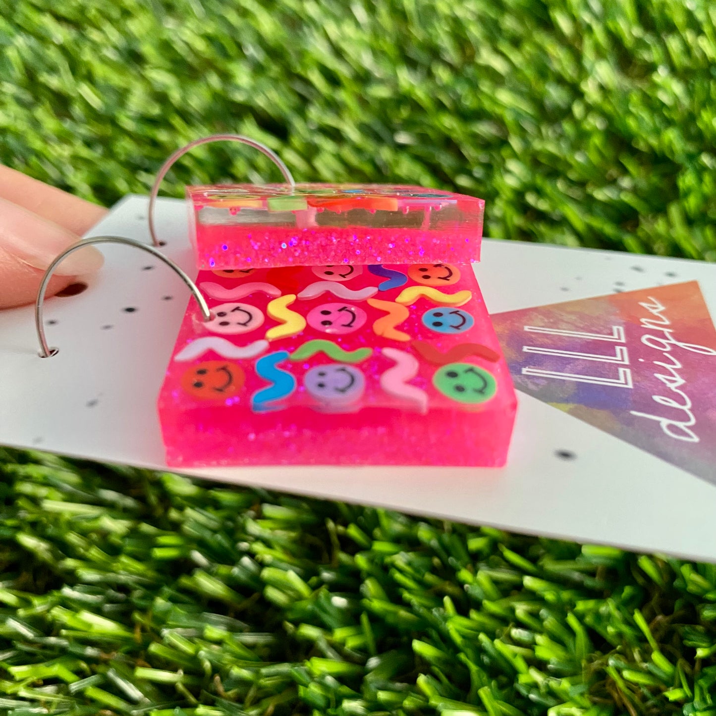 ON SALE!!! Resin Earrings - Glitter Neon Pink Square Hoops Featuring Hand Placed Rainbow Smiley Faces and Squiggles!