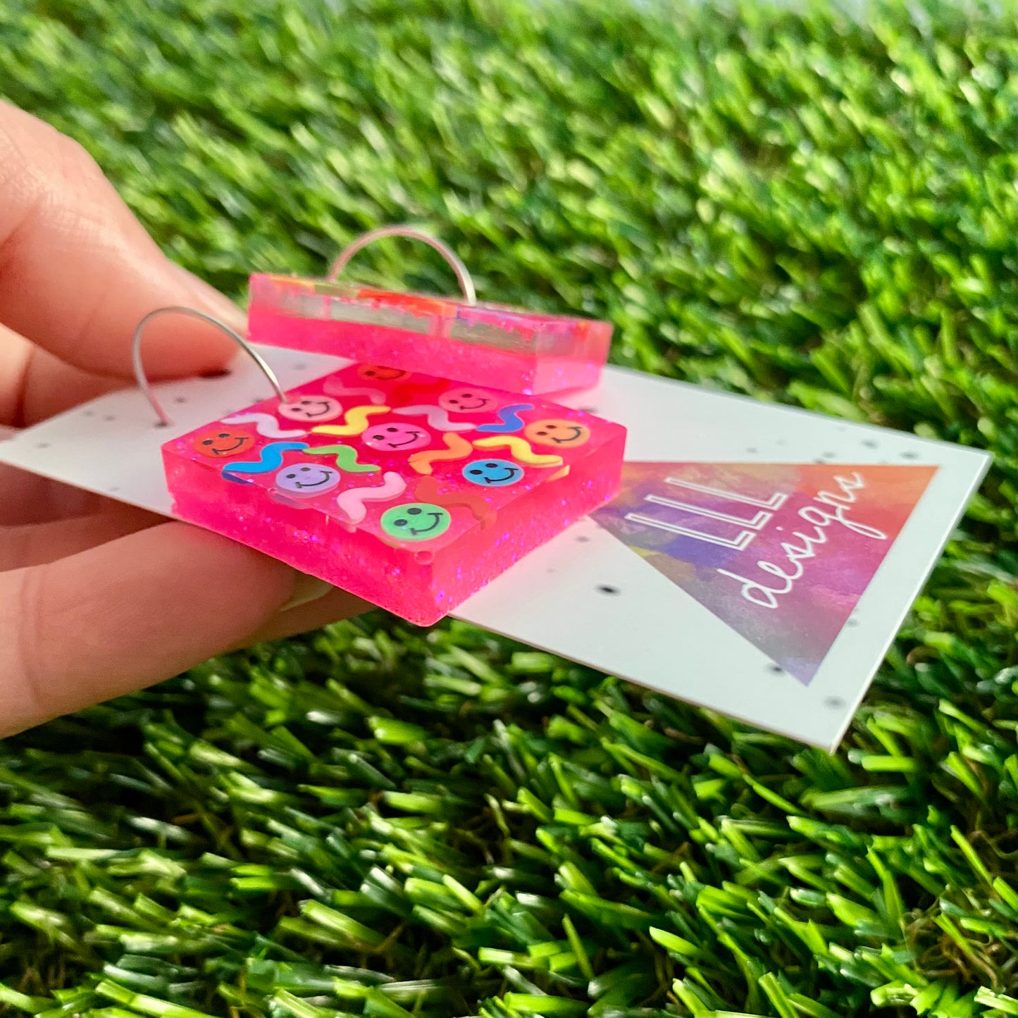 ON SALE!!! Resin Earrings - Glitter Neon Pink Square Hoops Featuring Hand Placed Rainbow Smiley Faces and Squiggles!