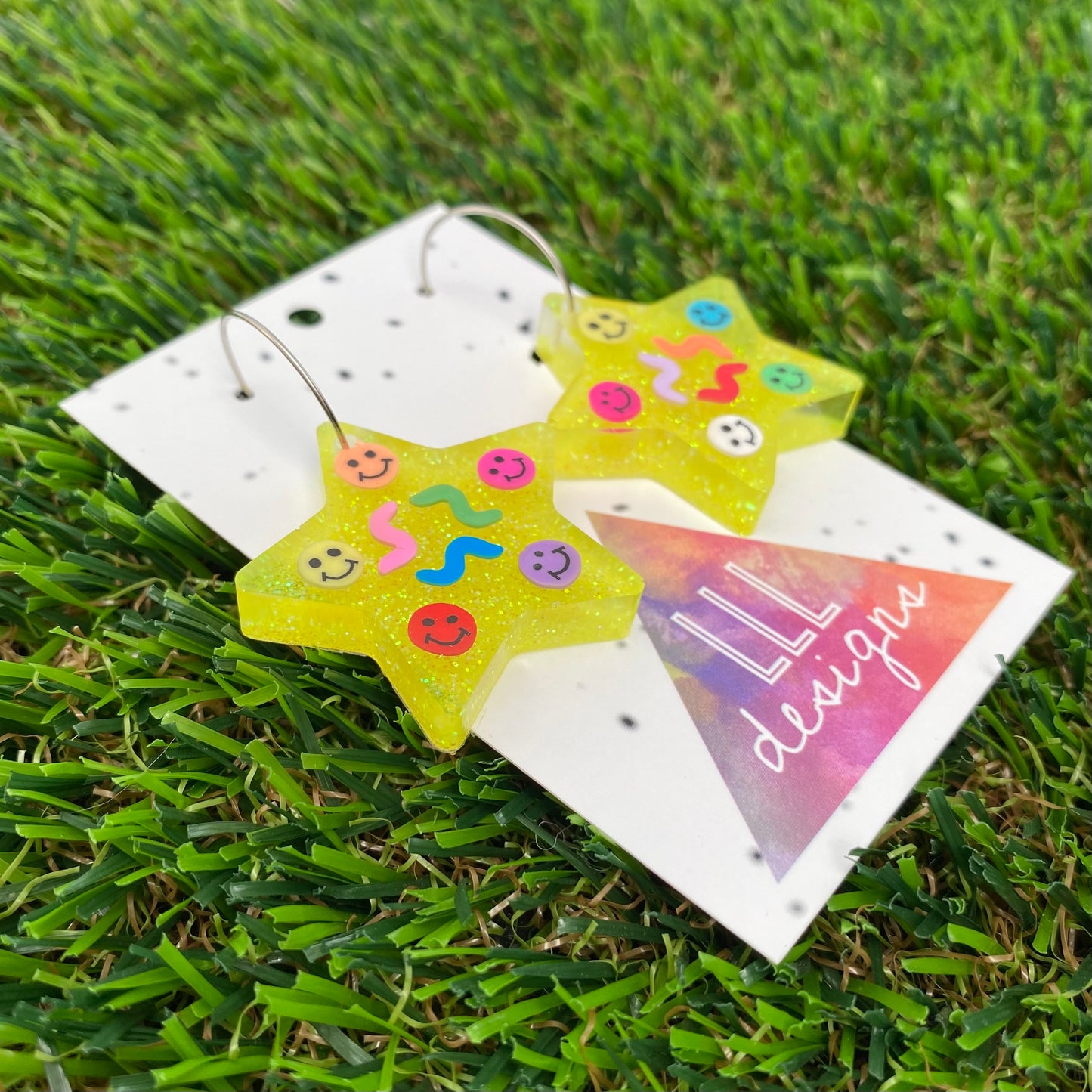 ON SALE!!!! Resin Earrings - Glitter Neon Yellow Star Hoops Featuring Hand Placed Rainbow Smiley Faces and Squiggles!