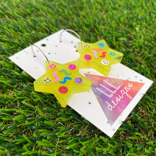 ON SALE!!!! Resin Earrings - Glitter Neon Yellow Star Hoops Featuring Hand Placed Rainbow Smiley Faces and Squiggles!