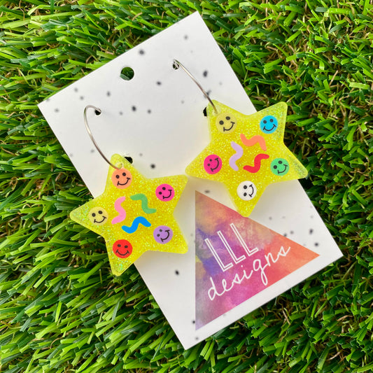 ON SALE!!!! Resin Earrings - Glitter Neon Yellow Star Hoops Featuring Hand Placed Rainbow Smiley Faces and Squiggles!