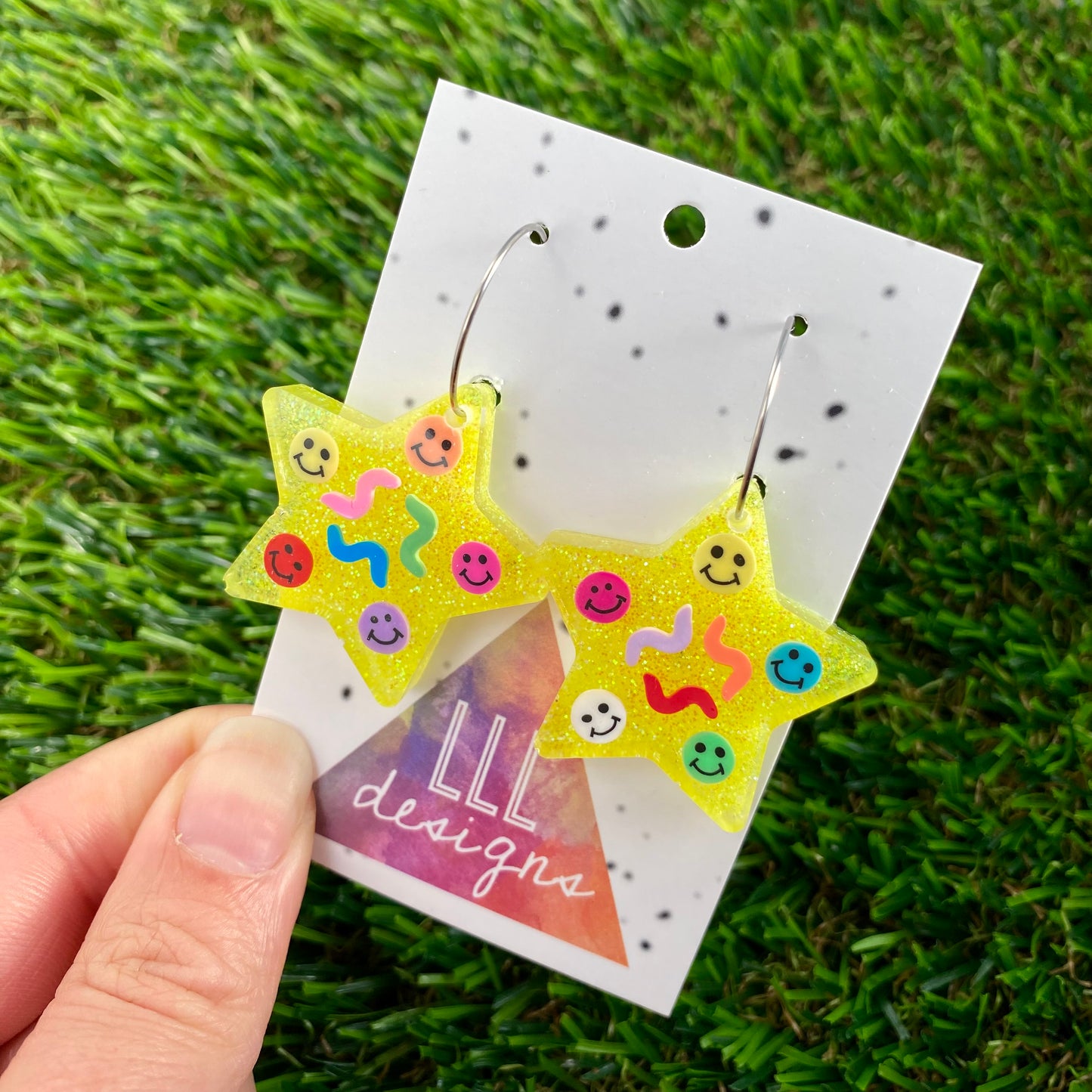 ON SALE!!!! Resin Earrings - Glitter Neon Yellow Star Hoops Featuring Hand Placed Rainbow Smiley Faces and Squiggles!