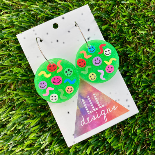 ON SALE!!!!!  Resin Earrings - Glitter Neon Green Circle Hoops Featuring Hand Placed Rainbow Smiley Faces and Squiggles!