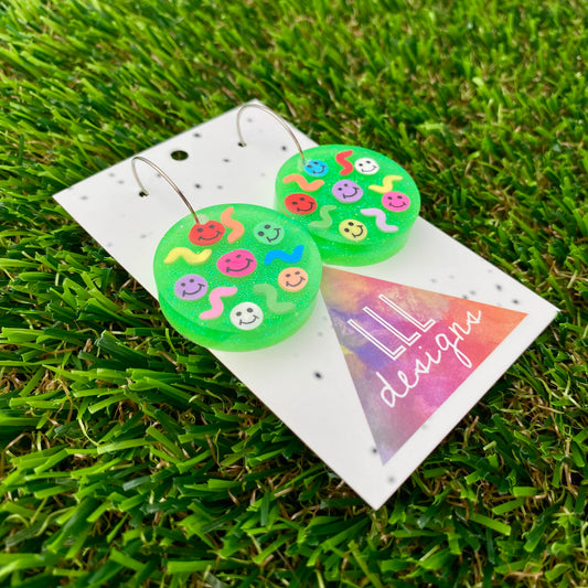 ON SALE!!!!!  Resin Earrings - Glitter Neon Green Circle Hoops Featuring Hand Placed Rainbow Smiley Faces and Squiggles!