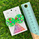 Resin Earrings - Glitter Neon Green Circle Hoops Featuring Hand Placed Rainbow Smiley Faces and Squiggles!