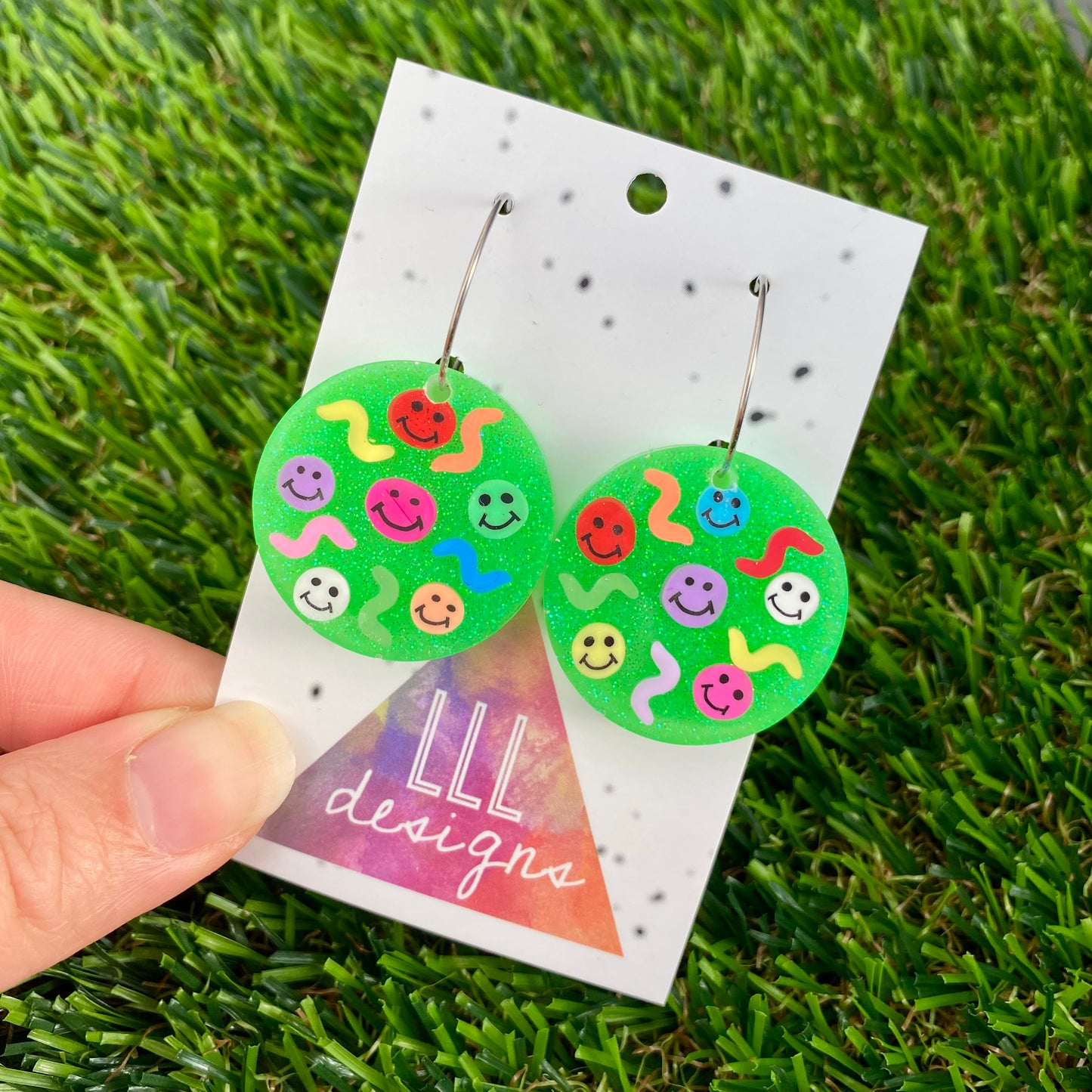 ON SALE!!!!!  Resin Earrings - Glitter Neon Green Circle Hoops Featuring Hand Placed Rainbow Smiley Faces and Squiggles!