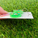 Resin Earrings - Glitter Neon Green Circle Hoops Featuring Hand Placed Rainbow Smiley Faces and Squiggles!