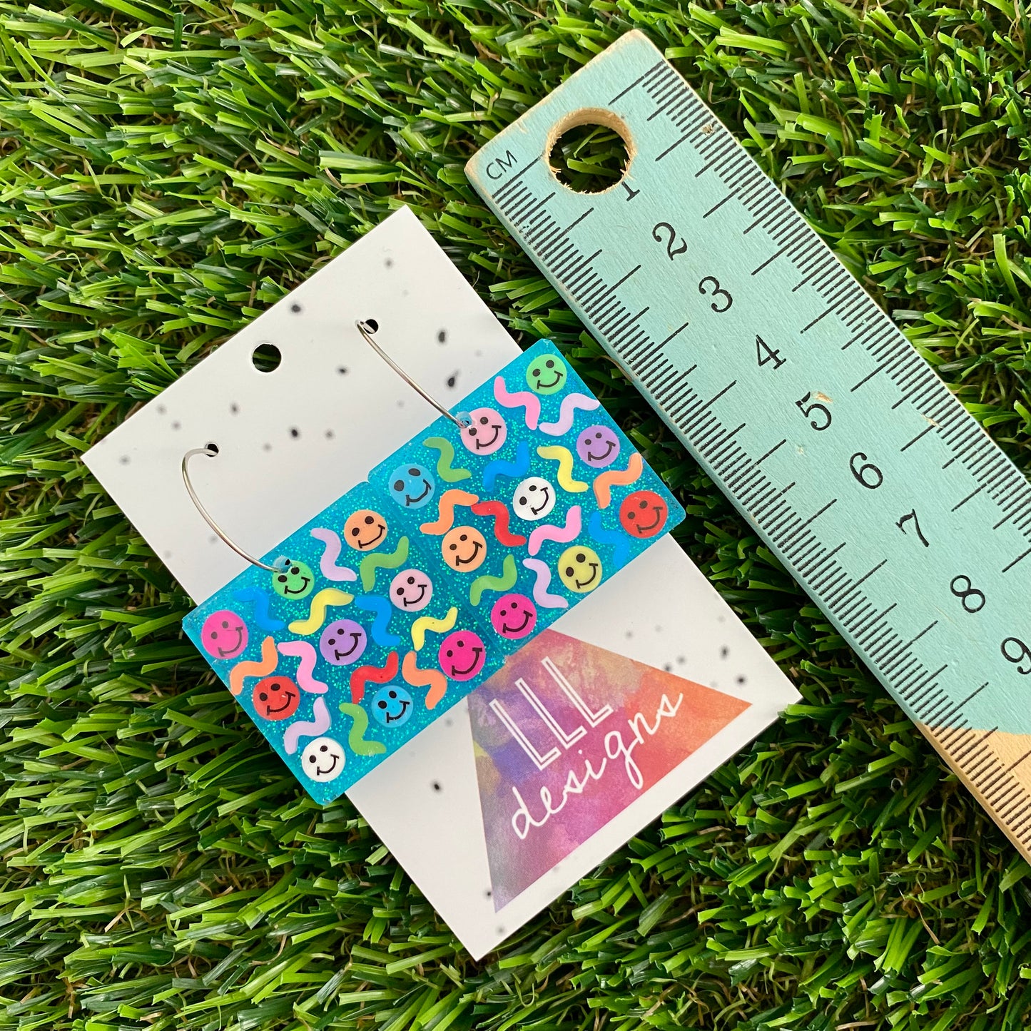 ON SALE!!!! Resin Earrings - Glitter Blue Square Hoops Featuring Hand Placed Rainbow Smiley Faces and Squiggles!