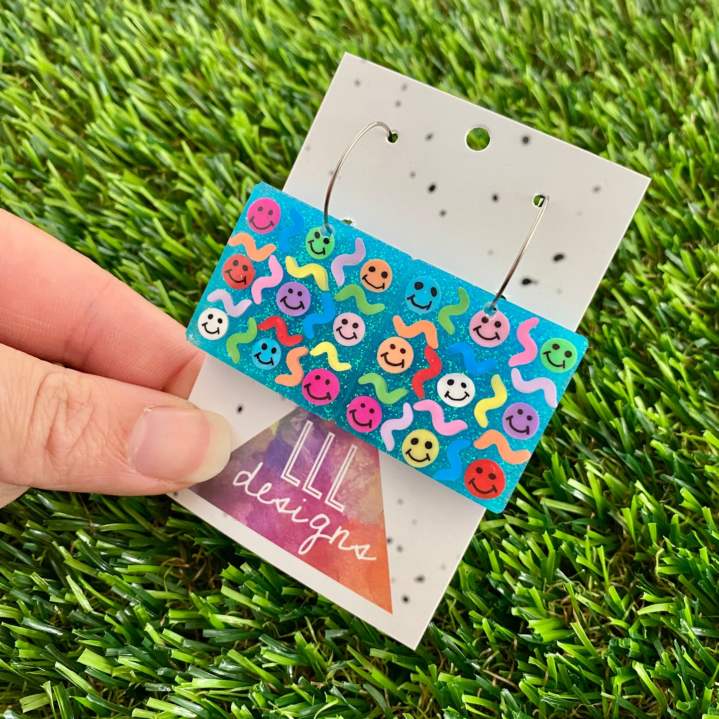 ON SALE!!!! Resin Earrings - Glitter Blue Square Hoops Featuring Hand Placed Rainbow Smiley Faces and Squiggles!
