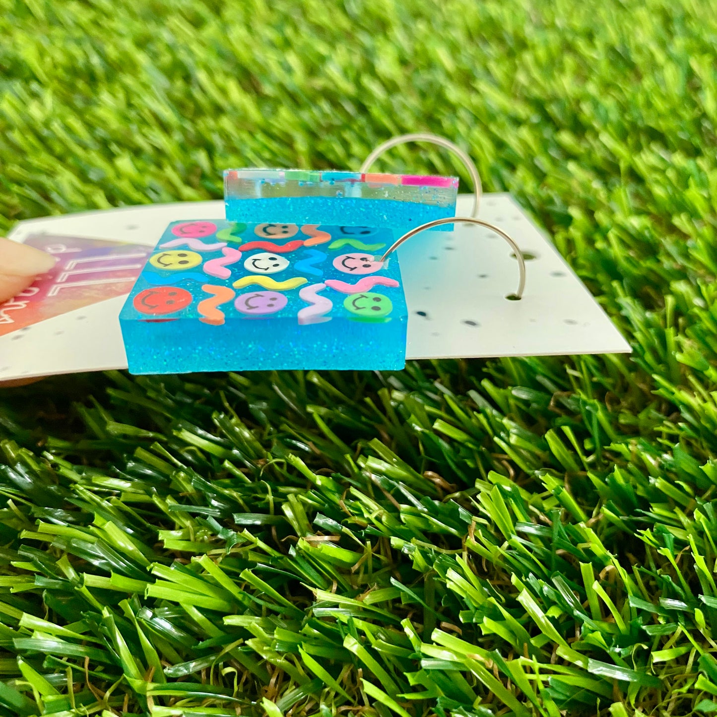 ON SALE!!!! Resin Earrings - Glitter Blue Square Hoops Featuring Hand Placed Rainbow Smiley Faces and Squiggles!