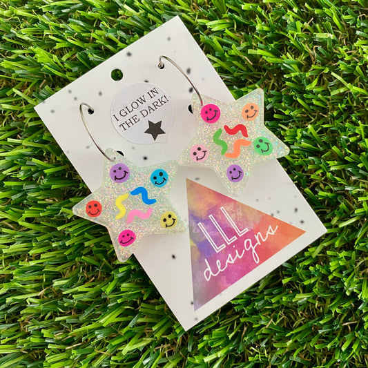 ON SALE!!!!! Resin Earrings - Glitter Glow In Dark Star Hoops Featuring Hand Placed Rainbow Smiley Faces and Squiggles!