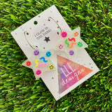 Resin Earrings - Glitter Glow In Dark Star Hoops Featuring Hand Placed Rainbow Smiley Faces and Squiggles!