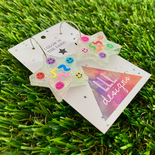 ON SALE!!!!! Resin Earrings - Glitter Glow In Dark Star Hoops Featuring Hand Placed Rainbow Smiley Faces and Squiggles!