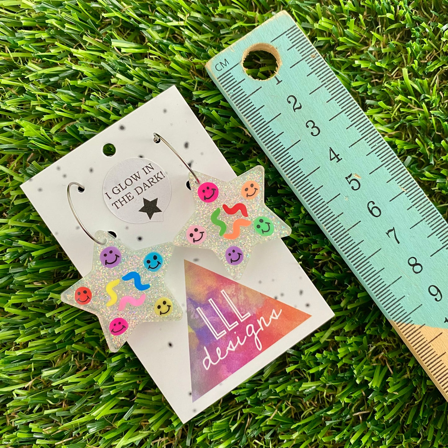 ON SALE!!!!! Resin Earrings - Glitter Glow In Dark Star Hoops Featuring Hand Placed Rainbow Smiley Faces and Squiggles!