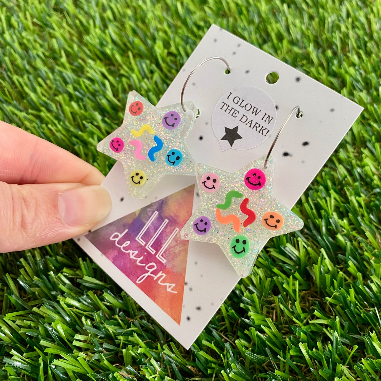 ON SALE!!!!! Resin Earrings - Glitter Glow In Dark Star Hoops Featuring Hand Placed Rainbow Smiley Faces and Squiggles!