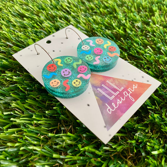 ON SALE!!!! Resin Earrings - Glitter Teal Circle Hoops Featuring Hand Placed Rainbow Smiley Faces and Squiggles!