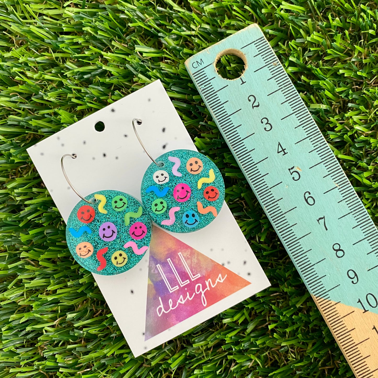ON SALE!!!! Resin Earrings - Glitter Teal Circle Hoops Featuring Hand Placed Rainbow Smiley Faces and Squiggles!