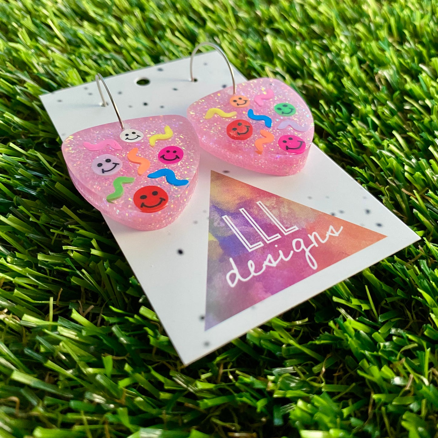 ON SALE!!!!! Resin Earrings - Glitter Pastel Pink Guitar Pick Hoops Featuring Hand Placed Rainbow Smiley Faces and Squiggles!