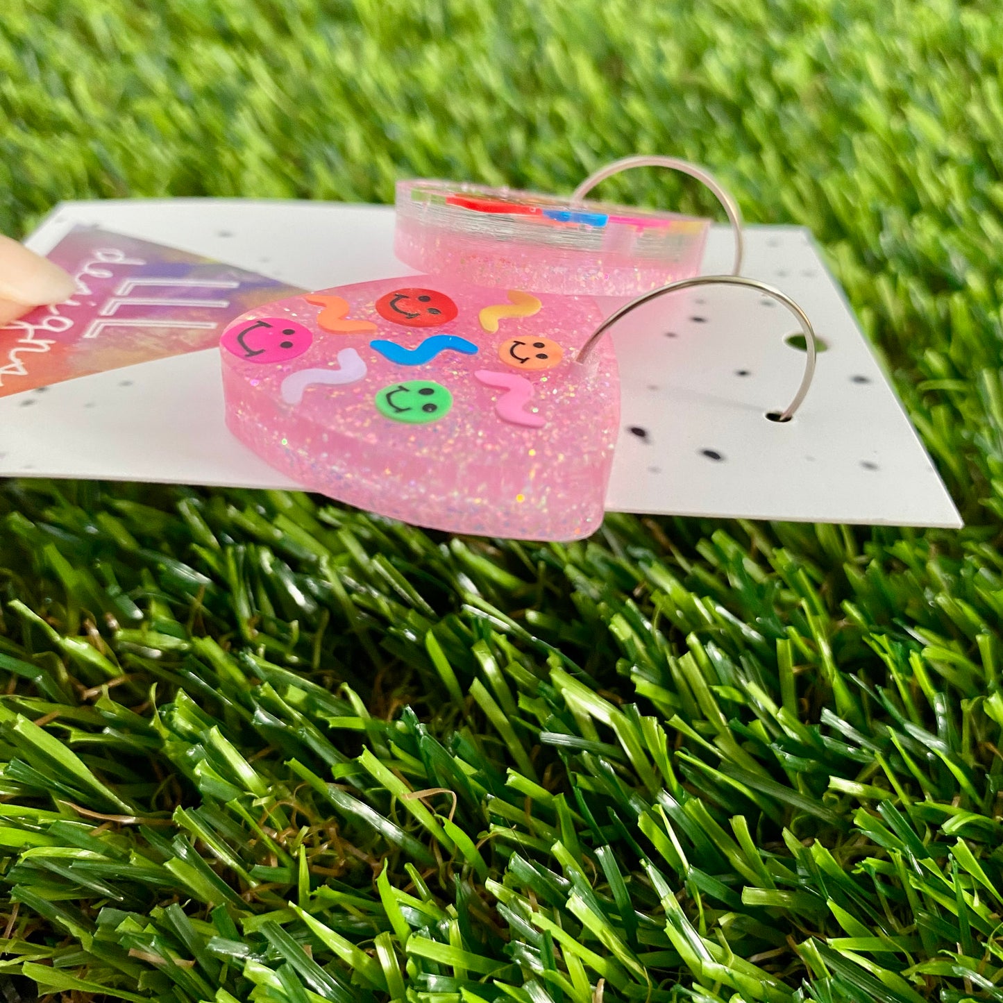 ON SALE!!!!! Resin Earrings - Glitter Pastel Pink Guitar Pick Hoops Featuring Hand Placed Rainbow Smiley Faces and Squiggles!