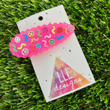Handmade Resin Hair clip - Glitter Neon Pink Duel Layered Hair Clip Featuring Hand Placed Rainbow Smiley Face and Squiggles! (1)