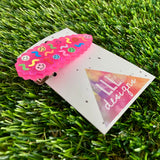 Handmade Resin Hair clip - Glitter Neon Pink Duel Layered Hair Clip Featuring Hand Placed Rainbow Smiley Face and Squiggles! (1)