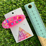 Handmade Resin Hair clip - Glitter Neon Pink Duel Layered Hair Clip Featuring Hand Placed Rainbow Smiley Face and Squiggles! (1)