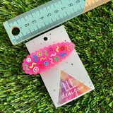 Handmade Resin Hair clip - Glitter Neon Pink Duel Layered Hair Clip Featuring Hand Placed Rainbow Smiley Face and Squiggles! (1)