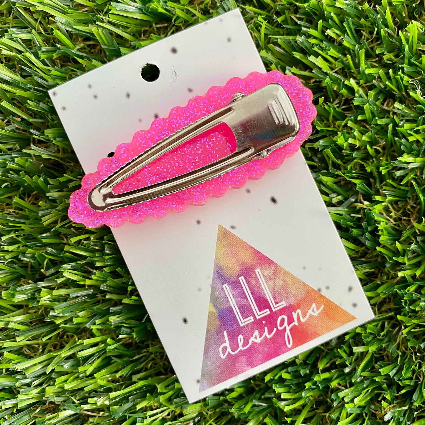 Handmade Resin Hair clip - Glitter Neon Pink Duel Layered Hair Clip Featuring Hand Placed Rainbow Smiley Face and Squiggles! (1)