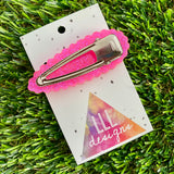 Handmade Resin Hair clip - Glitter Neon Pink Duel Layered Hair Clip Featuring Hand Placed Rainbow Smiley Face and Squiggles! (1)