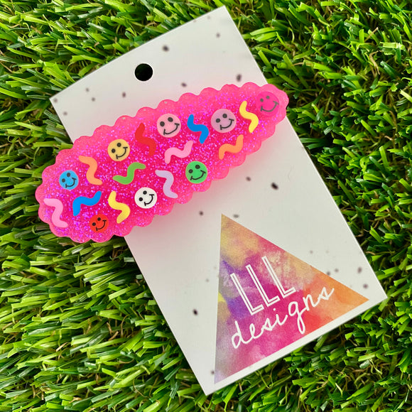 Handmade Resin Hair clip - Glitter Neon Pink Duel Layered Hair Clip Featuring Hand Placed Rainbow Smiley Face and Squiggles! (2)