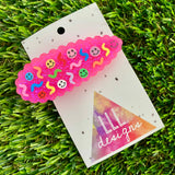 Handmade Resin Hair clip - Glitter Neon Pink Duel Layered Hair Clip Featuring Hand Placed Rainbow Smiley Face and Squiggles! (2)