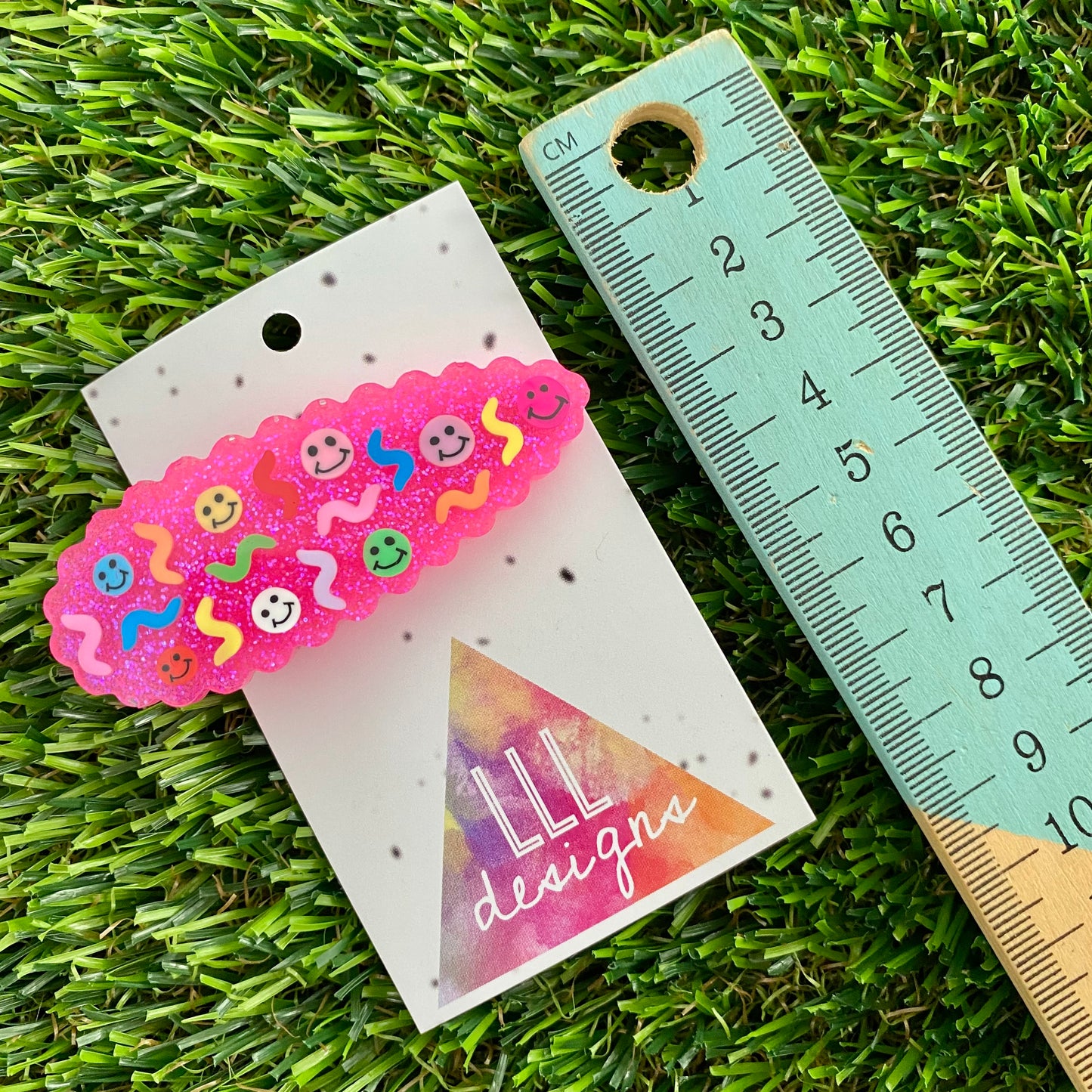 Handmade Resin Hair clip - Glitter Neon Pink Duel Layered Hair Clip Featuring Hand Placed Rainbow Smiley Face and Squiggles! (2)
