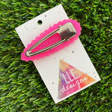 Handmade Resin Hair clip - Glitter Neon Pink Duel Layered Hair Clip Featuring Hand Placed Rainbow Smiley Face and Squiggles! (2)